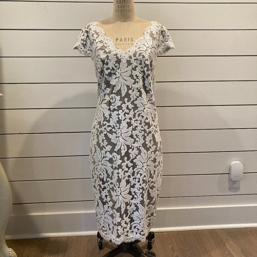 Tadashi Shoji Sequin-Embroidered Tea-Length Dress, Size 16